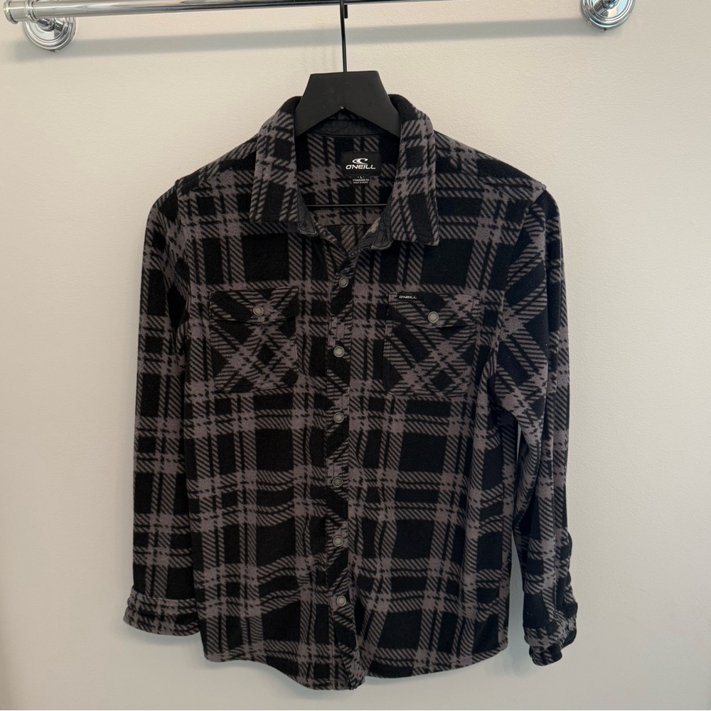 O’Neill Plaid Fleece Flannel Shirt Jacket Gray Black Size L